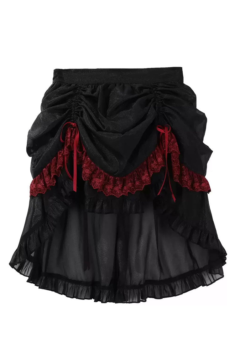 Black/Red Embroidered Lace-Up Gothic Skirt Set with Ruffles