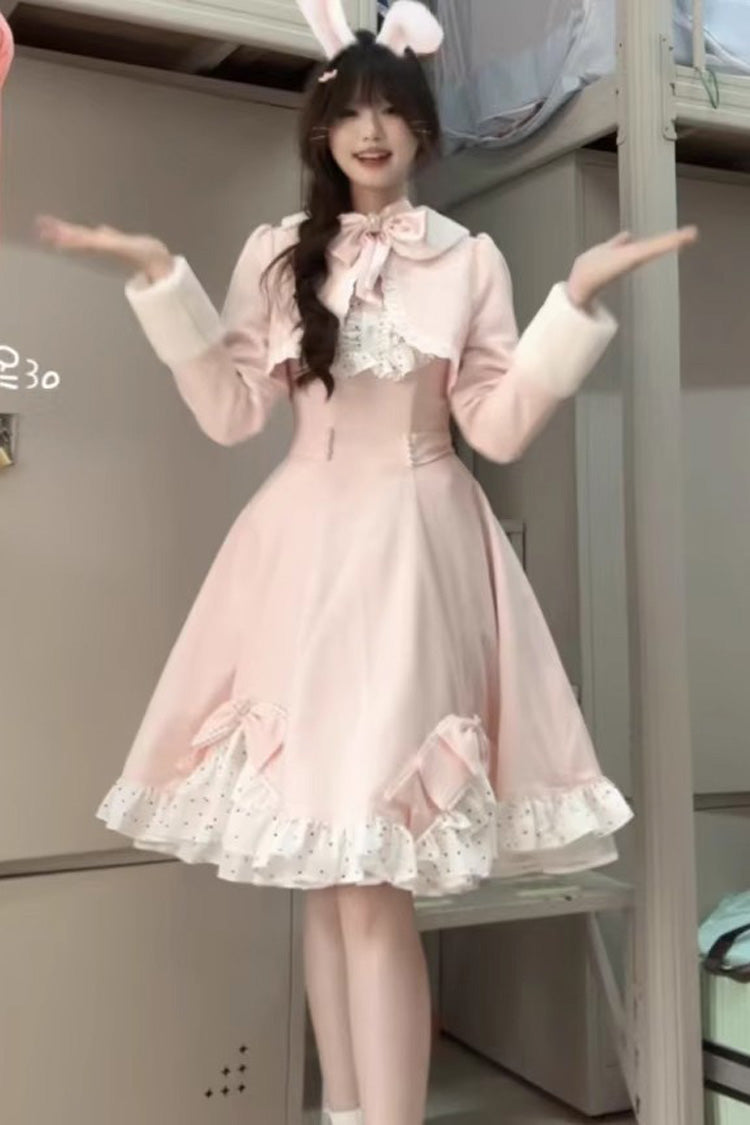 Pink Long Sleeves Ruffled Bow Sweet Princess Lolita Dress Coat Set - Miss Brown