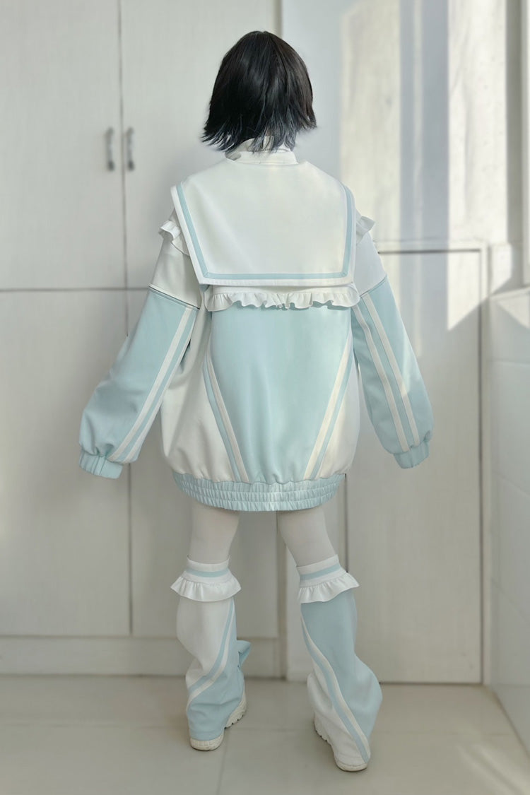 Ruffle Color Block Zip Up Jirai Coat with Long Sleeves in Three Variants