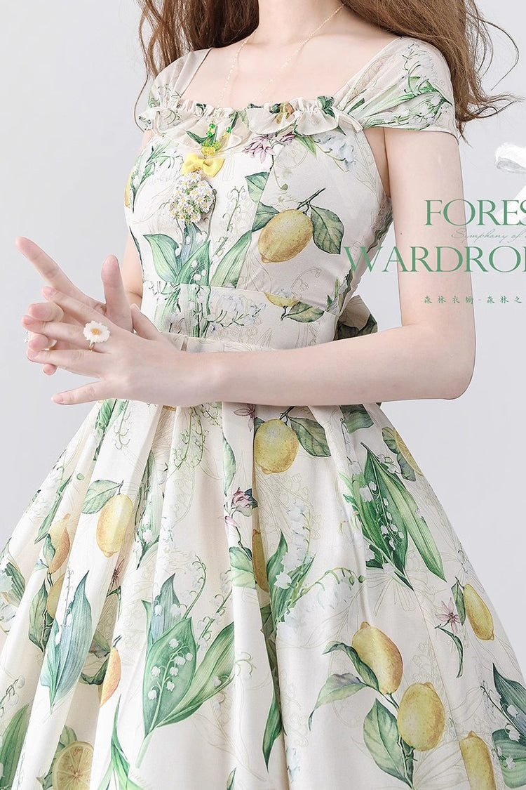 Yellow Green Lemon Bowknot Chiffon Sweet Elegant Jsk Dress