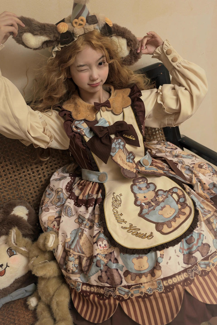 Long Sleeve Print Bow Sweet Dress Set