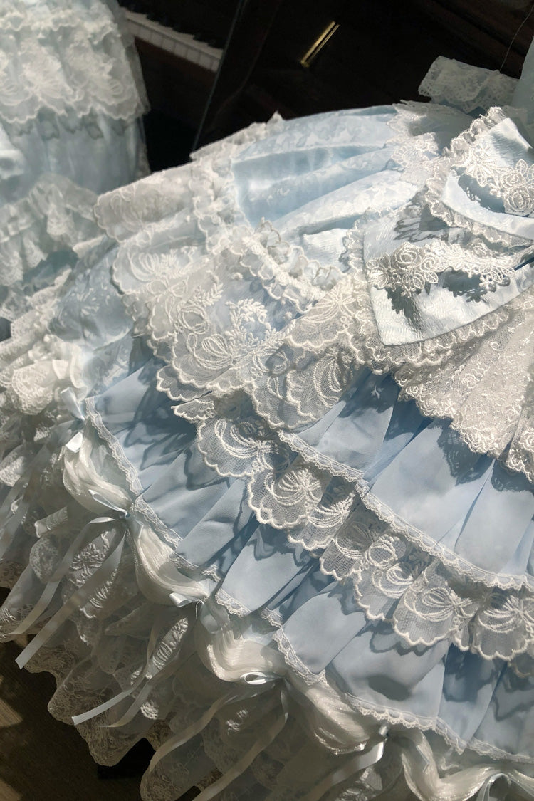 Eternal Floral Message Square Collar Sleeveless Multi-Layered Embroidered Bow Lace Sweet Lolita Jsk Dress - Blue