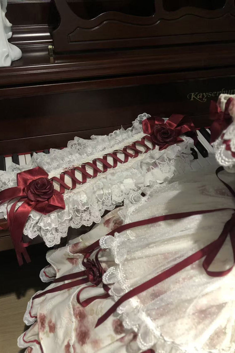 Ivory and Crimson Love Note Sleeveless Multi-Layer Printed Bow Lace-Up Gothic Lolita JSK Set