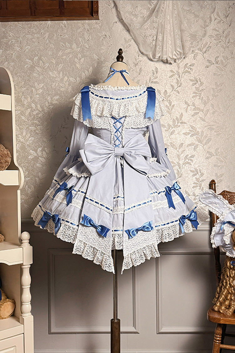 Blue/White Rabbit Sleeping Doll Long Trumpet Sleeves Ruffle Ribbon Lace Girly Lolita Dress