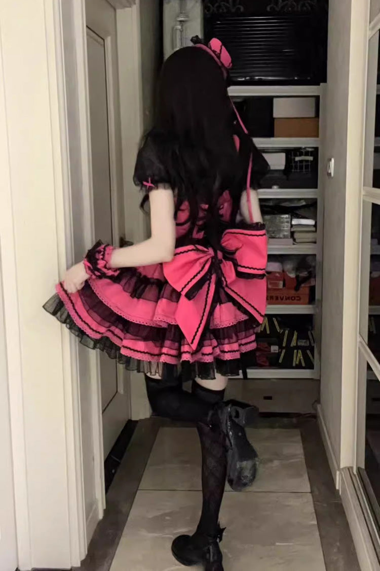 Sweet Lolita Dress - Pink Rose Print, Multi-Layer Bow