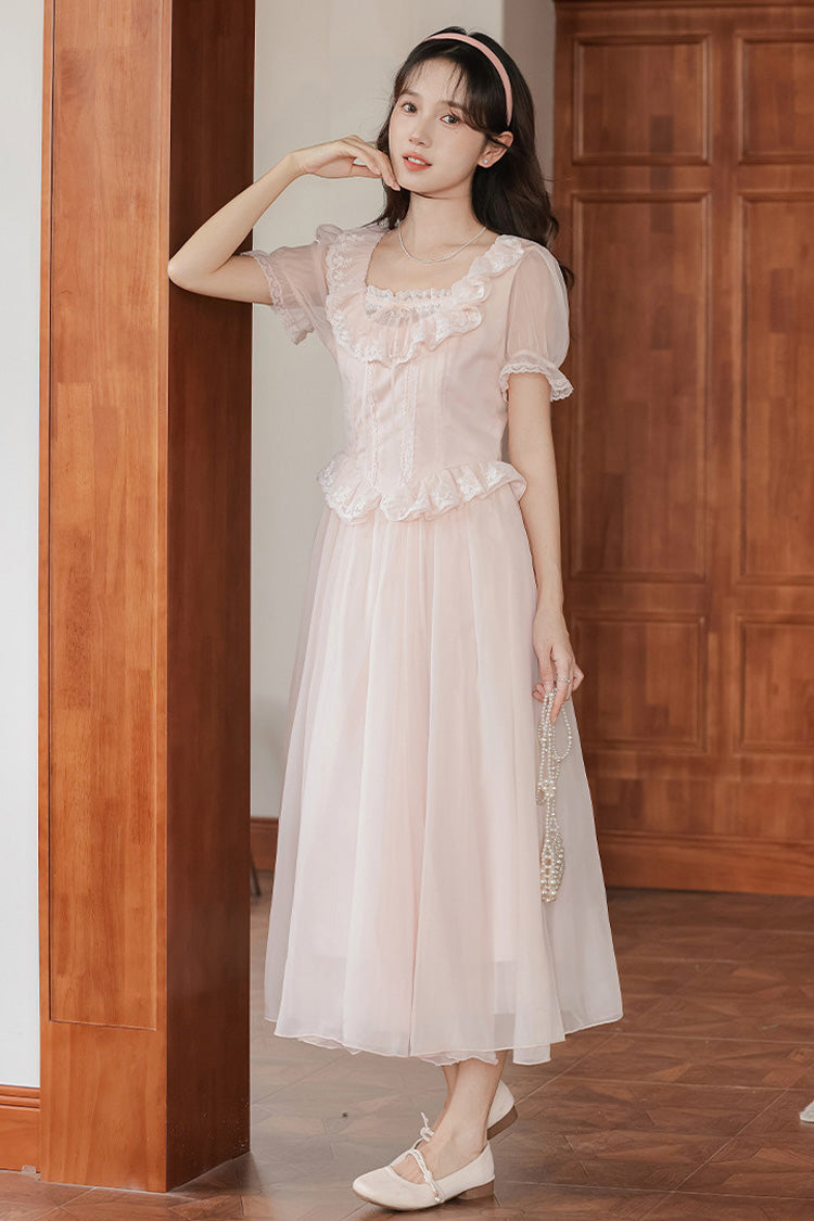 Blush Pink Square-Neck Puffed-Sleeve Embroidered Lace French Sweet Jumper Dress