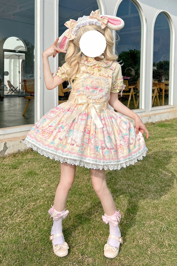 Yellow Sheep's Party Printed Bow Stitching Lace Sweet Lolita Strap Dress - Miss Brown