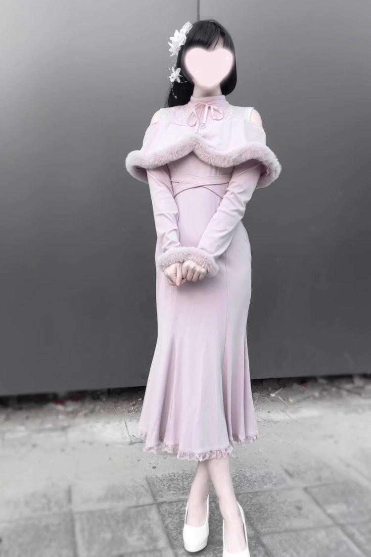 Jirai Kei Stand Collar Off Shoulder Long Sleeves Embroidered Lace Sweet Japanese Fishtail Dress 2 Colors