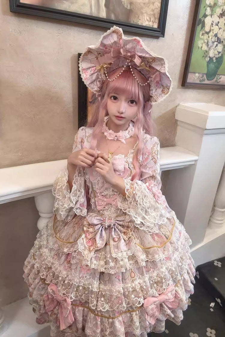 Candlelight Elegance Violet Long Trumpet Sleeves Ruffle Bowknot Lace Elegant Lolita Dress - Candlelight Elegance