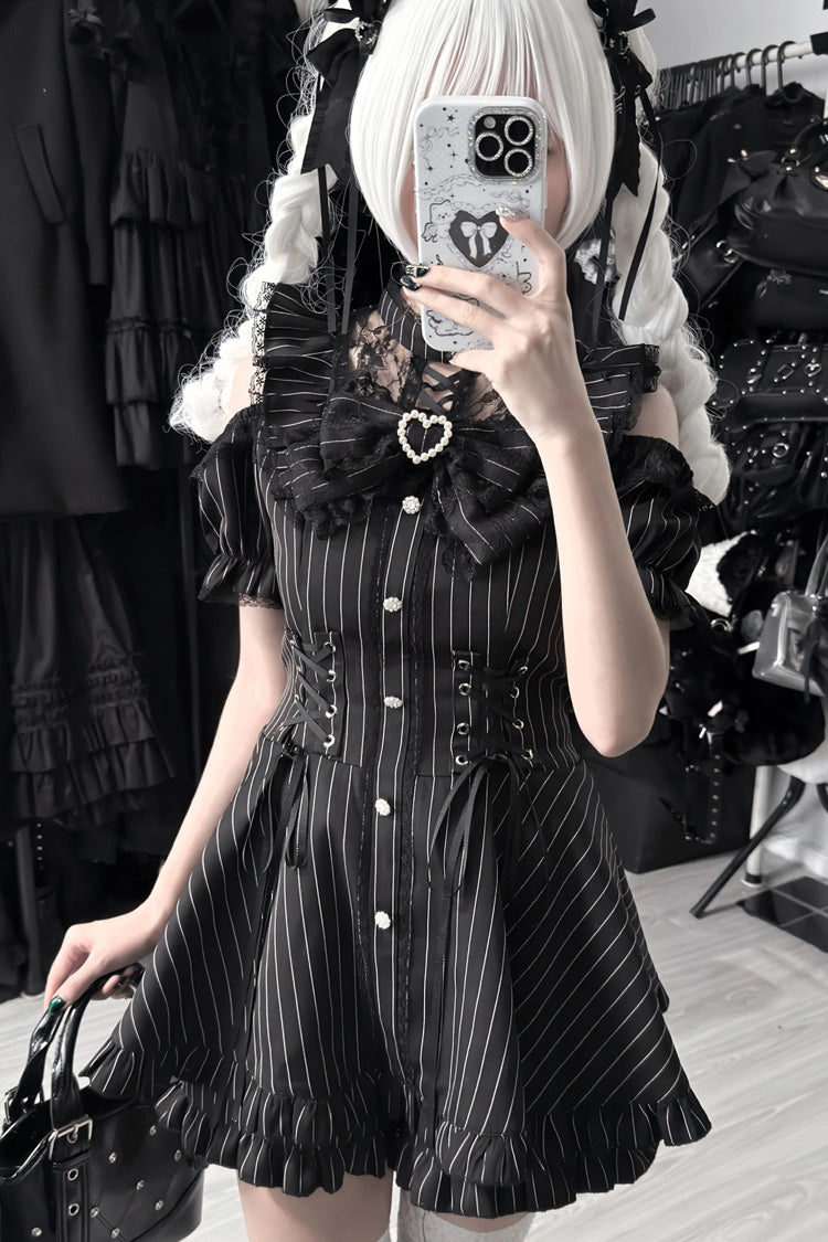 Silver Candle Elegy Gothic Jirai Kei Ruffle Top and Shorts Ensemble