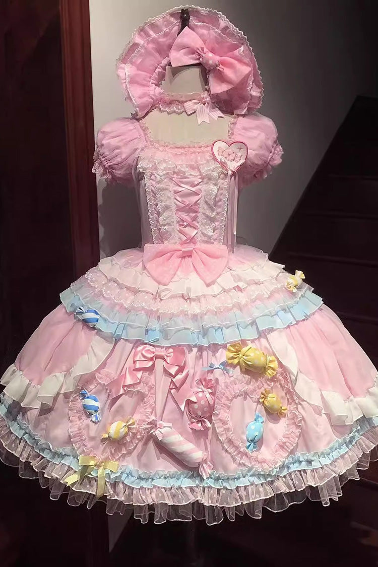 Pink Candy Party Short Sleeves Multi-Tiered Ruffled Bow Lace Lace-Up Sweet Lolita Dress
