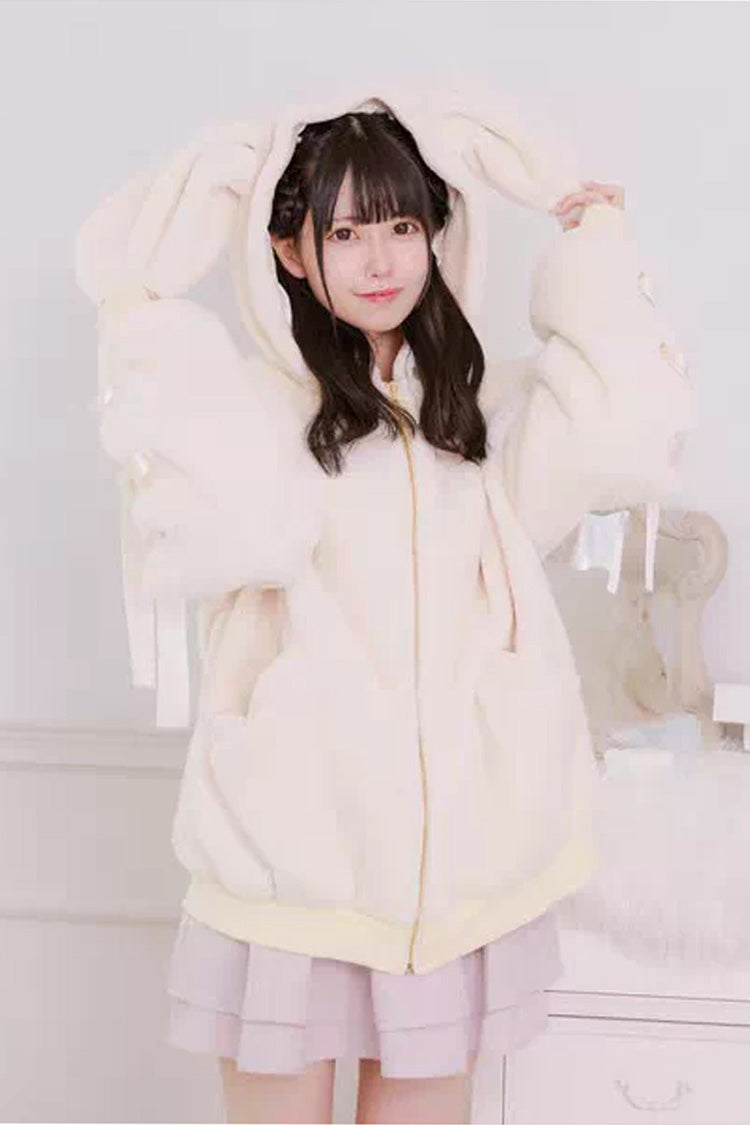 Black Rabbit Ears Bowknot Lace-Up Hooded Jirai Kei Coat