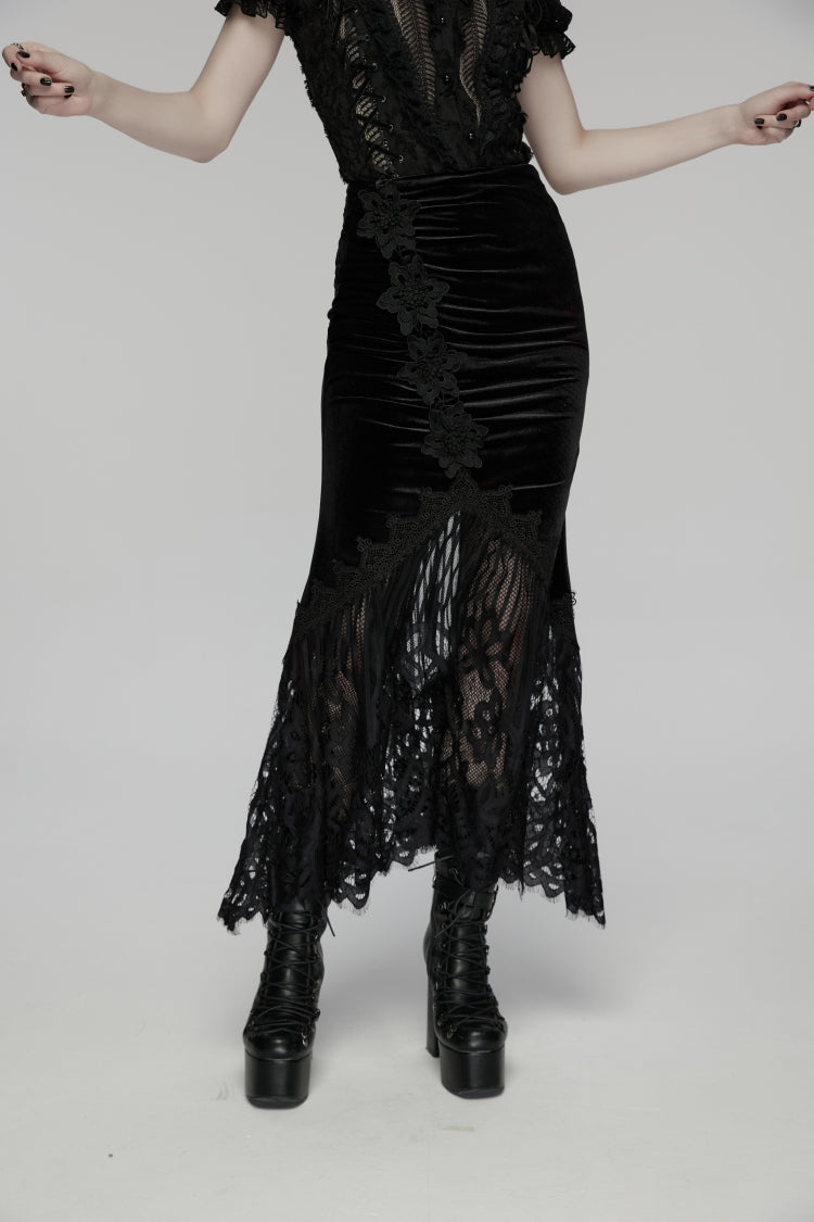 Slim Gothic Fishtail Velvet Skirt for Women with Embroidered Lace, Black