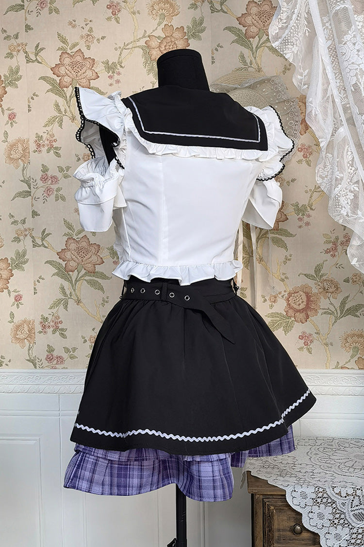 Black and White Bow-Trimmed Short-Sleeve Jirai Skirt Ensemble