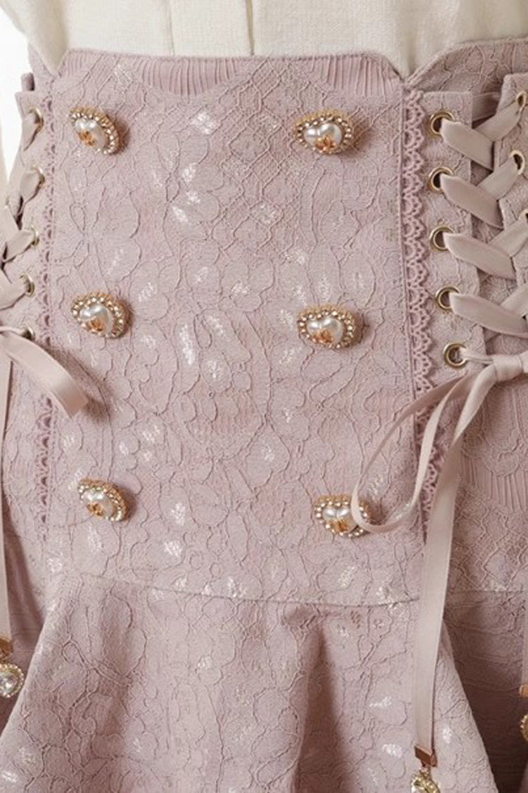 Rosy Double-Breasted Lace-Up Bow Jirai Kei Skirt