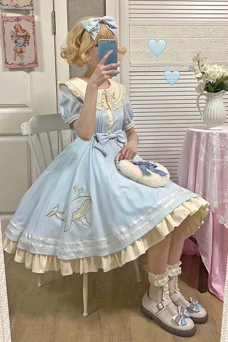 Navy Sailor Short Sleeve Sweet Lolita Dress with Whale Print
