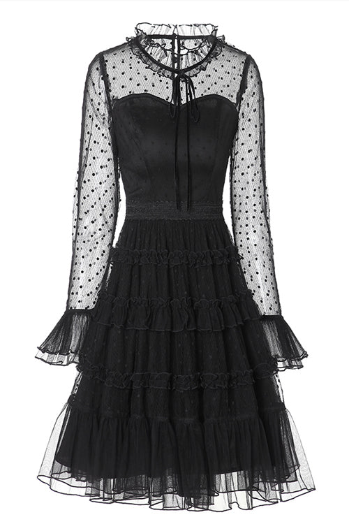 Sweet Lolita Polka-Dot Mesh Black Lace Round-Collar Trumpet-Sleeve Ruffled OP Gown