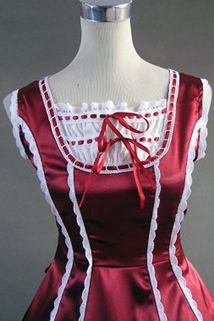 Wine Red Cotton Gothic Lolita Dress Square Collar Sleeveless Pleated - Altfashion Shop