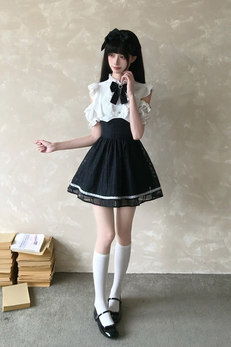 Moonlit Poem Stand Collar Off Shoulder Short Sleeves High Waisted Ruffled Bow Lace Sweet Princess Lolita Dress - Black/White