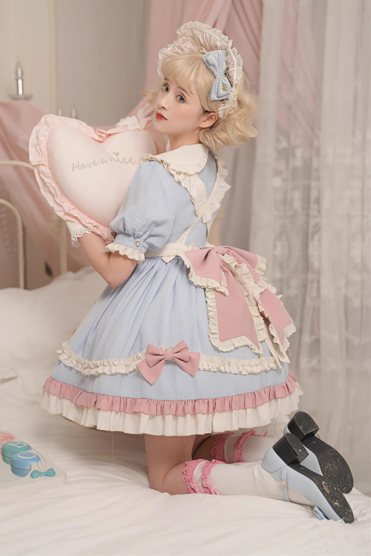 Azure Maid-Style Sweet Princess Dress with Puff Sleeves