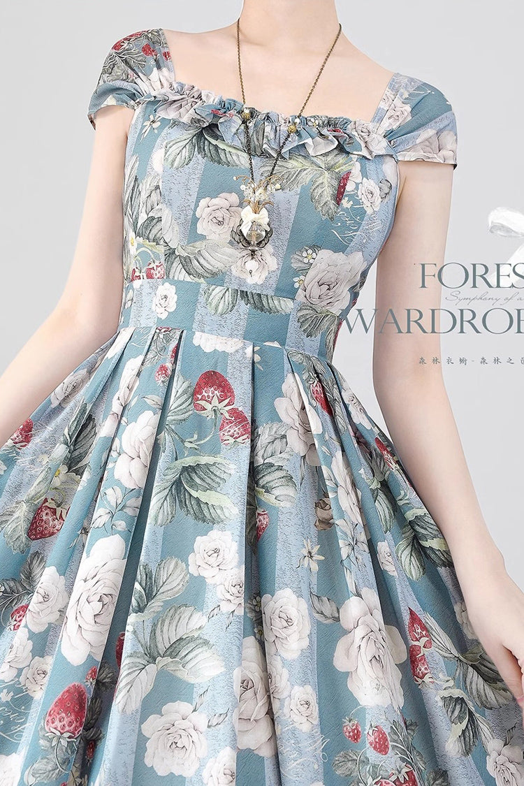 Blue Green Sea Salt Rose Bowknot Chiffon Elegant Jsk Dress