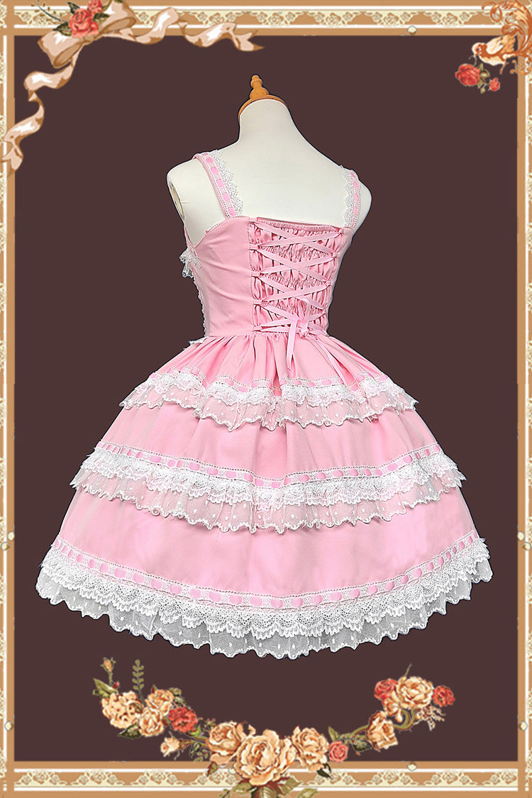 Doll in the Mirror Square Collar Sleeveless Ruffled Lace-Up Sweet Lolita Jsk Dress - Pink/White