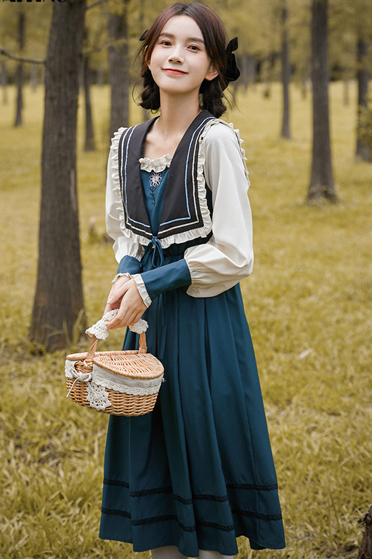 Multicolor Retro Sweet Lolita OP Dress with Long Lantern Sleeves and Embroidery - Altfashion Shop