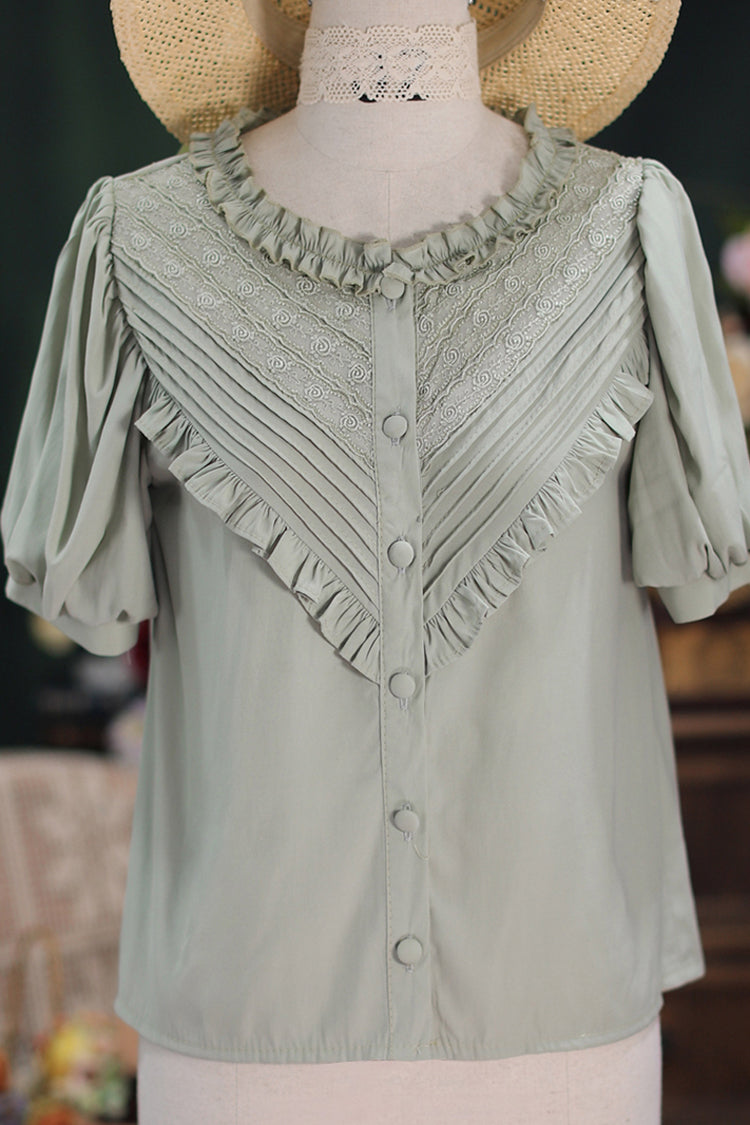Sweet Lolita Blouse with Lace Collar, Short Sleeves, Waves