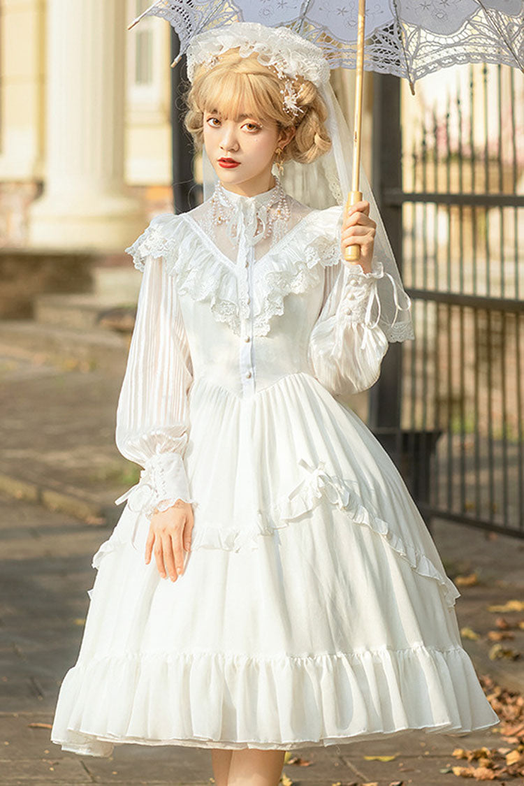 Black Hollow V Neck Gothic Lolita Dress Long Sleeves Bowknot Ruffled - Altfashion Shop