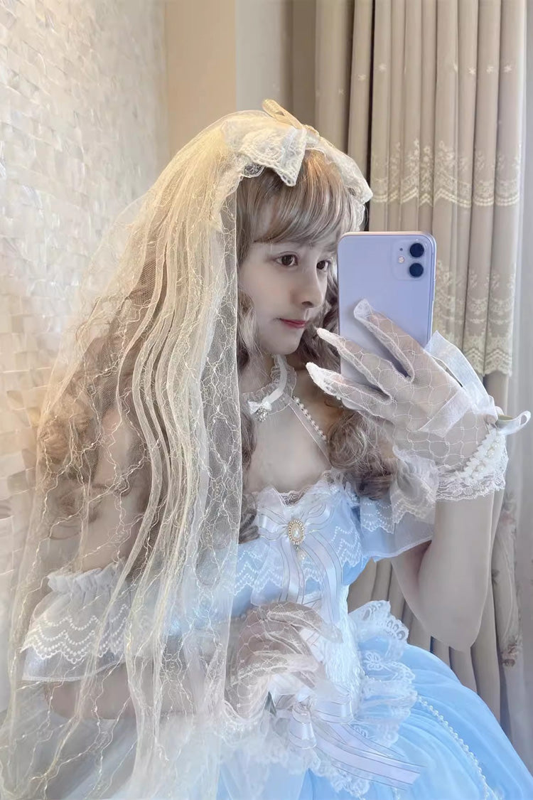 Blue/White The Little Mermaid Off-Shoulder Halter Neck Ribbon Mesh Elegant Princess Lolita Gown