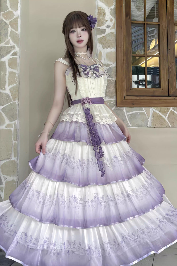 Violet Lilac Thoughts Sleeveless Gradient Multi Printed Ruffled Lace Dress Set
