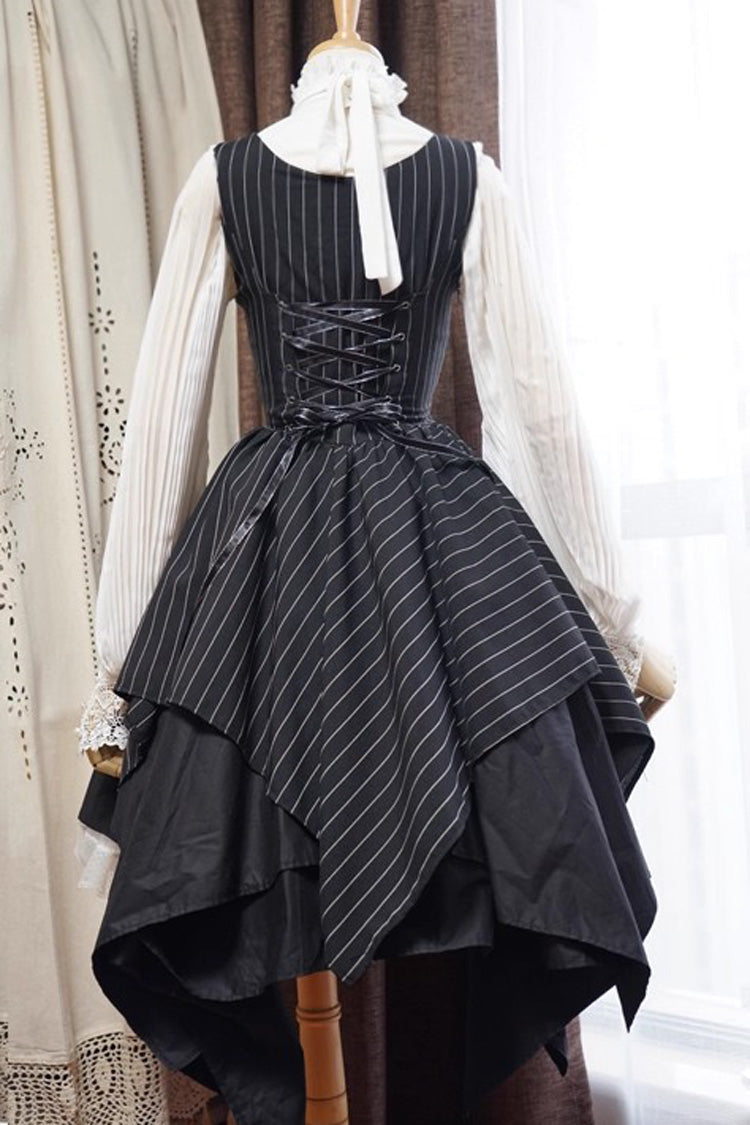 Striped Sleeveless Lace-Up Gothic Mini Dress with Asymmetric Hem