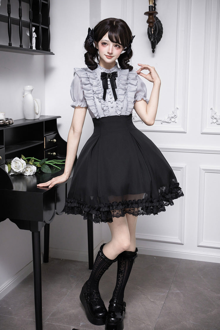 Miss Lola Snow Kiss Stand Collar Short Puff Sleeves Ruffled Color-Blocked Faux Two-Piece Sweet Lolita Dress 3 Colors - Black