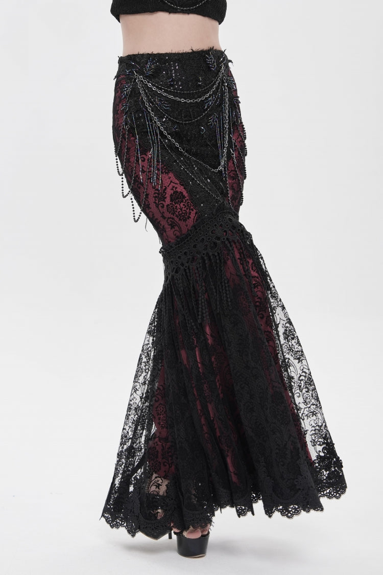 Noir & Red Embroidered Pearl-Adorned Slim Gothic Skirt