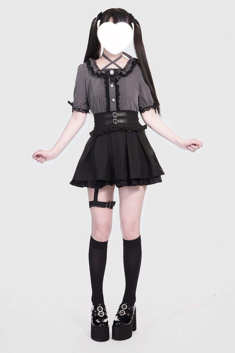 Black Leather Buckle Leg Ring Double-Layer Ruffle Sweet Jirai Kei Skirt