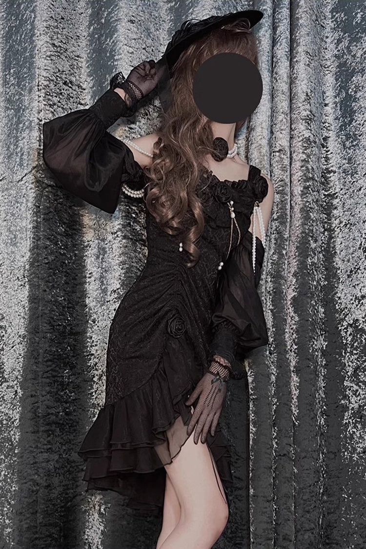 Asymmetric Jacquard Lace Fishtail JSK in Black