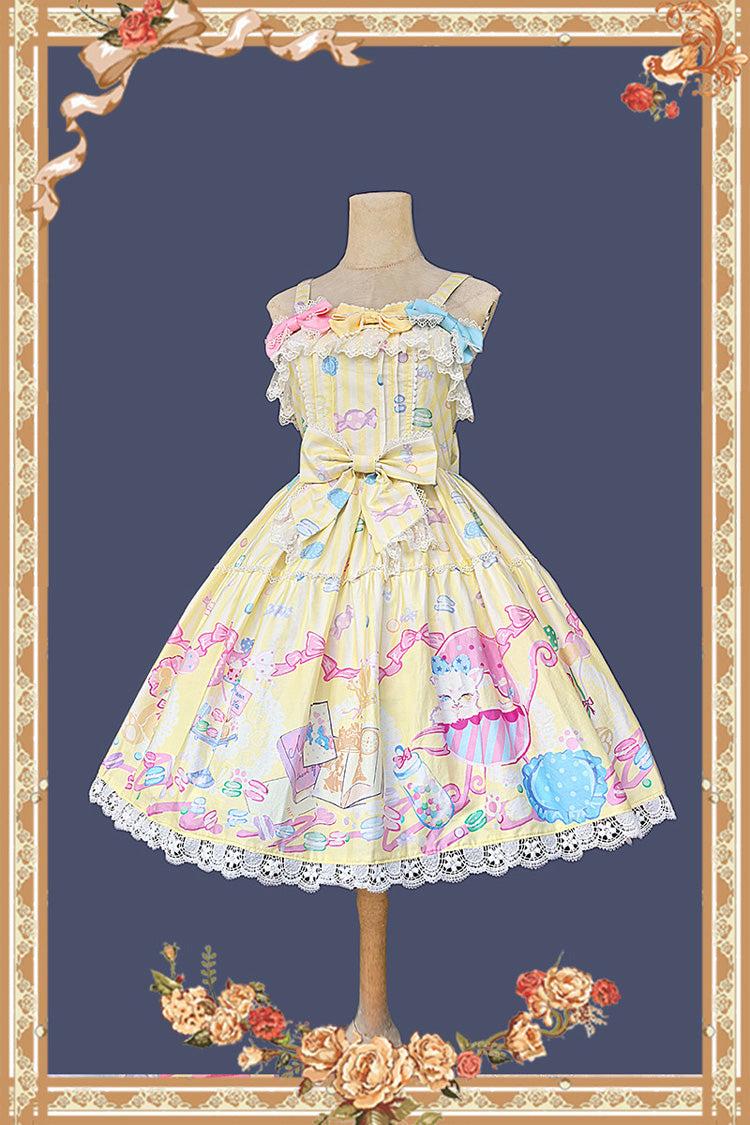 Yellow Sleeveless Sweet Lolita JSK Dress Square Collar Bow Print - Macarons Dolly House