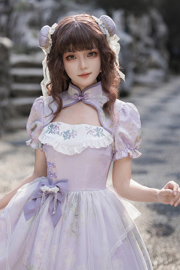 Wisteria Short-Sleeve Hollow-Embroidered Cheongsam Lolita Dress