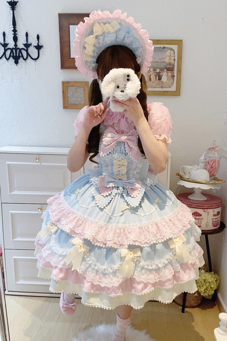 Blue Pink Fondant Cake Sleeveless Layered Ruffle Bow Lace Sweet Jsk Dress
