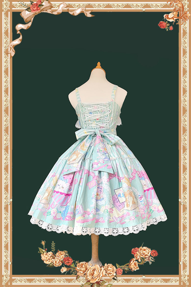 Green Sleeveless Sweet Lolita JSK Dress Square Collar Bow Print - Macarons Dolly House