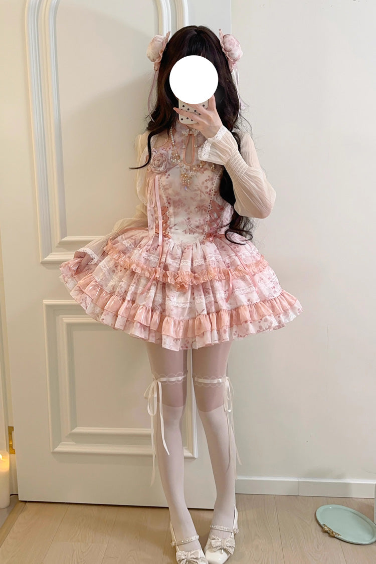 Rose Moon Bamboo Halter Multi-Tier Printed Frill Sweet Chinese Lolita Gown in Two Tones