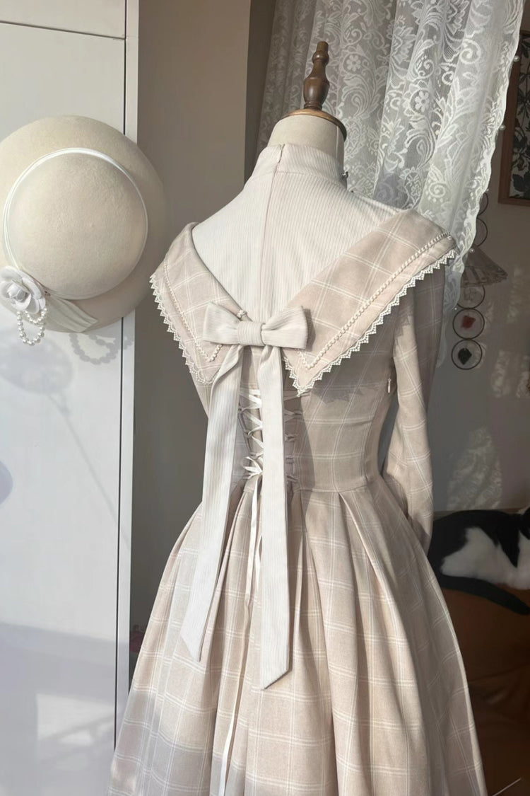 Apricot Elegant Sweet Lolita Dress with Long Sleeves Plaid Print and Bowknot Accents