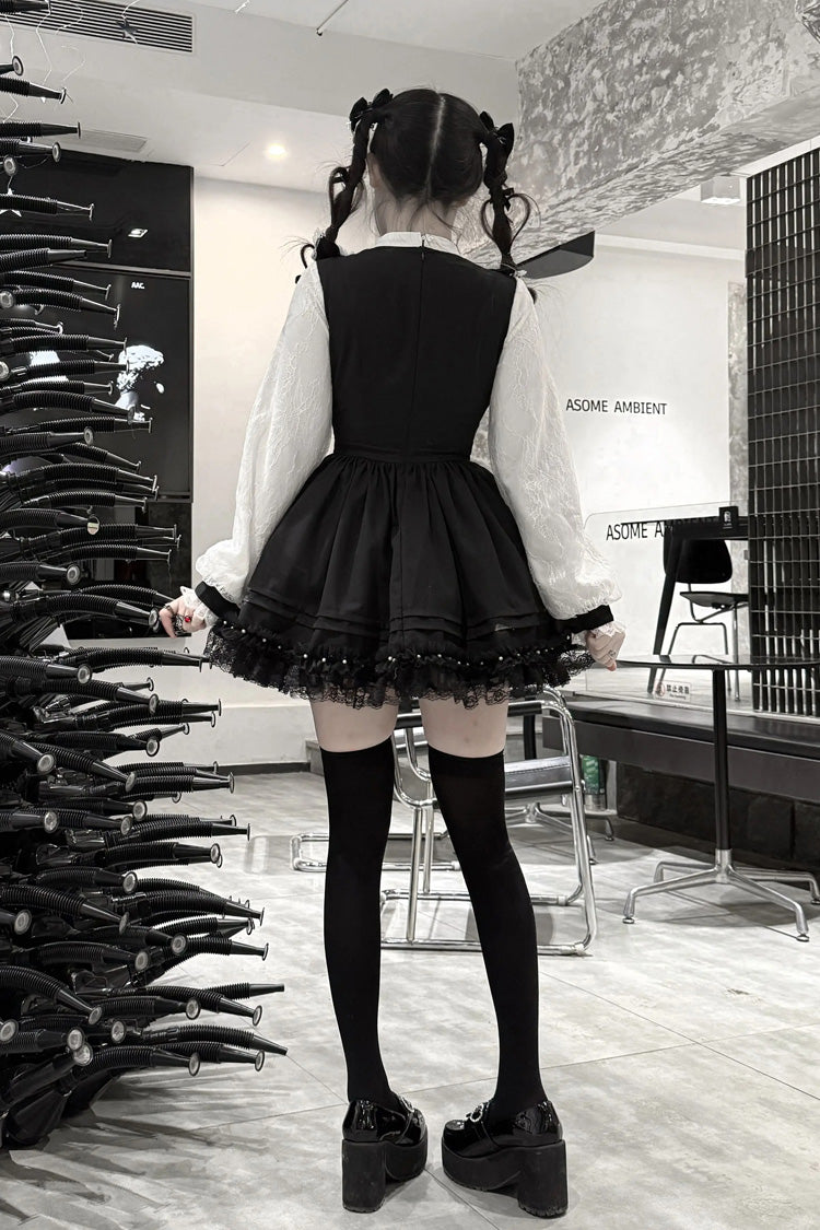Black/White Thorn Doll Long Sleeves Ruffled Bow Pearl-Decorated Gothic Jirai Kei Gown