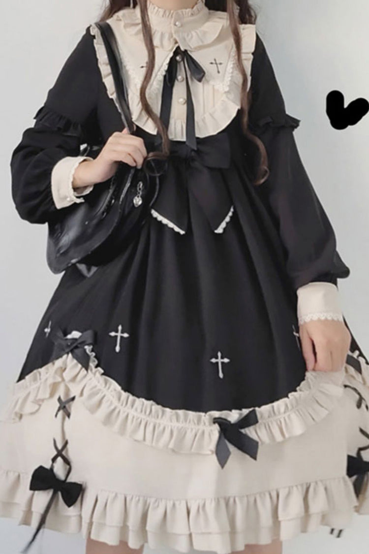 Coal Crewneck Chest Bow Cross Print Ruffled Sweet Lolita OP Dress