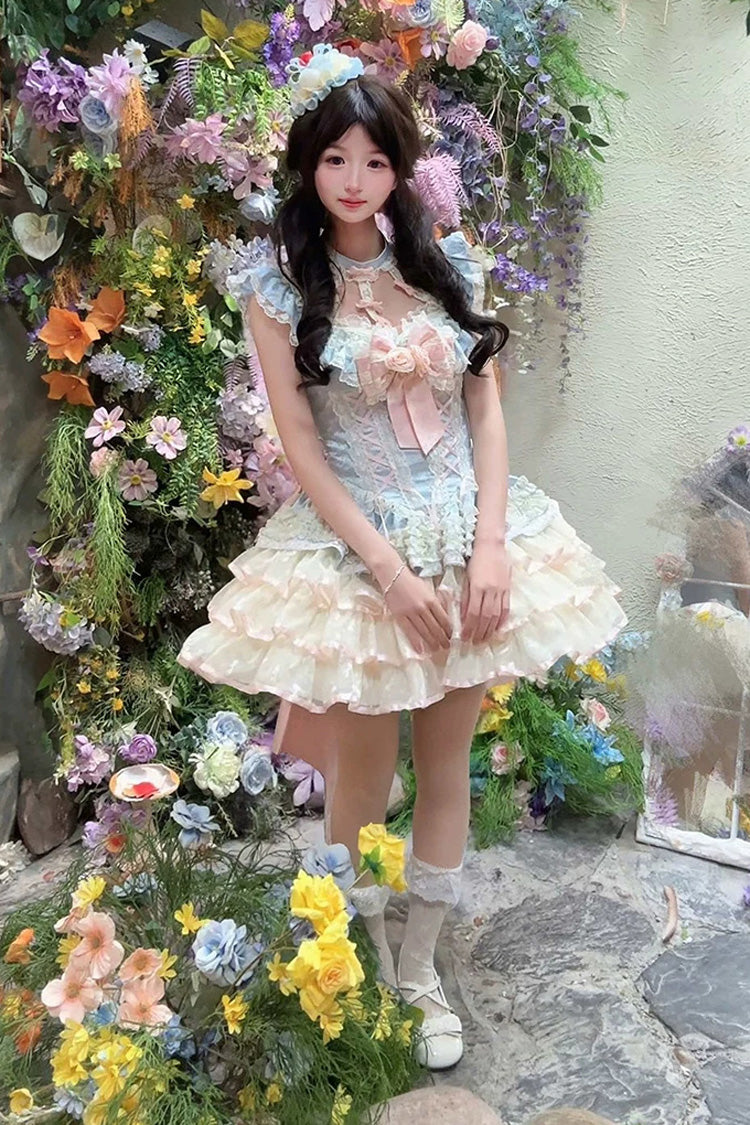 Sweet Ballet Lolita JSK Dress with Ruffled Bowknot and Rose Lace - Blue