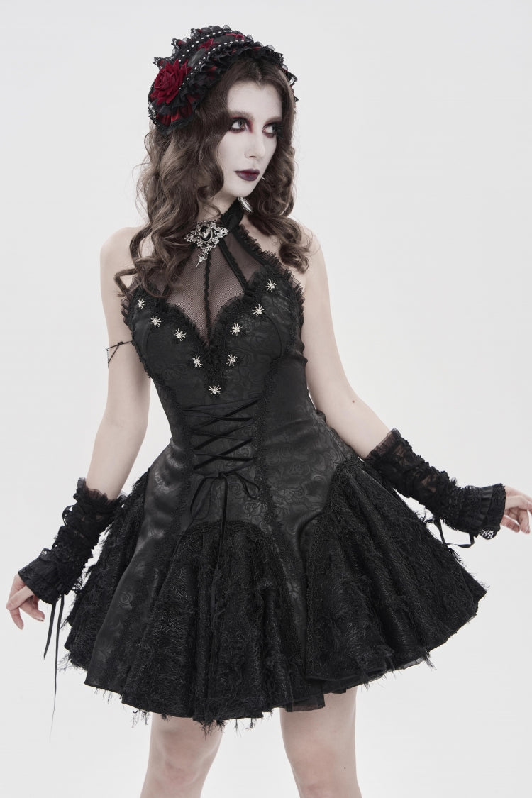 Off Shoulder Sleeveless Printed Spliced Lace Lace-Up Pleated Gothic Dress