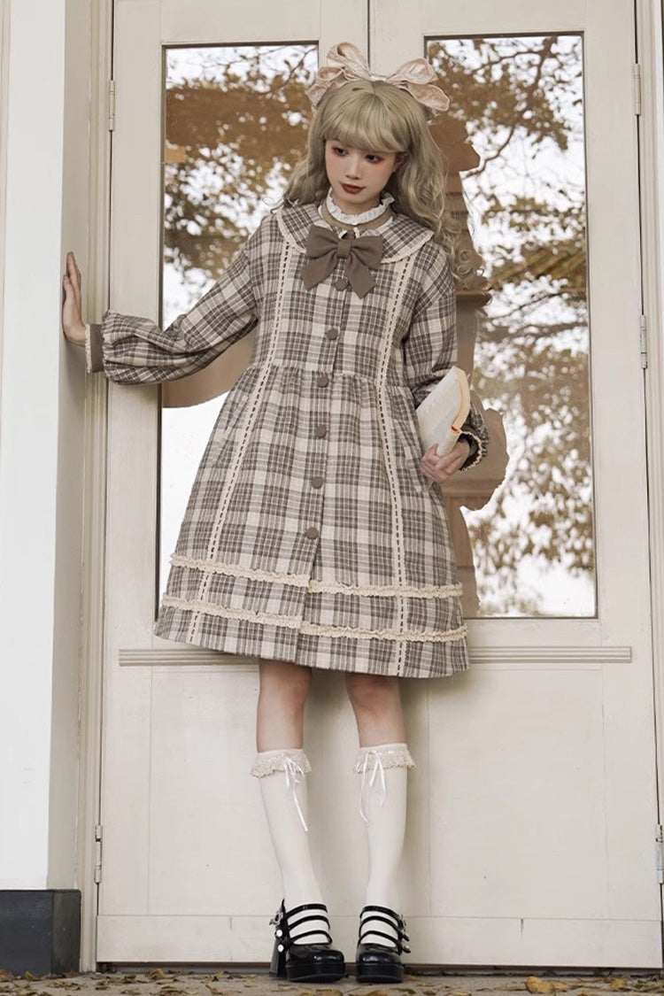 Light Brown Doll Collar Long Sleeve Multi-Layer Print Bowknot Sweet Lolita Coat
