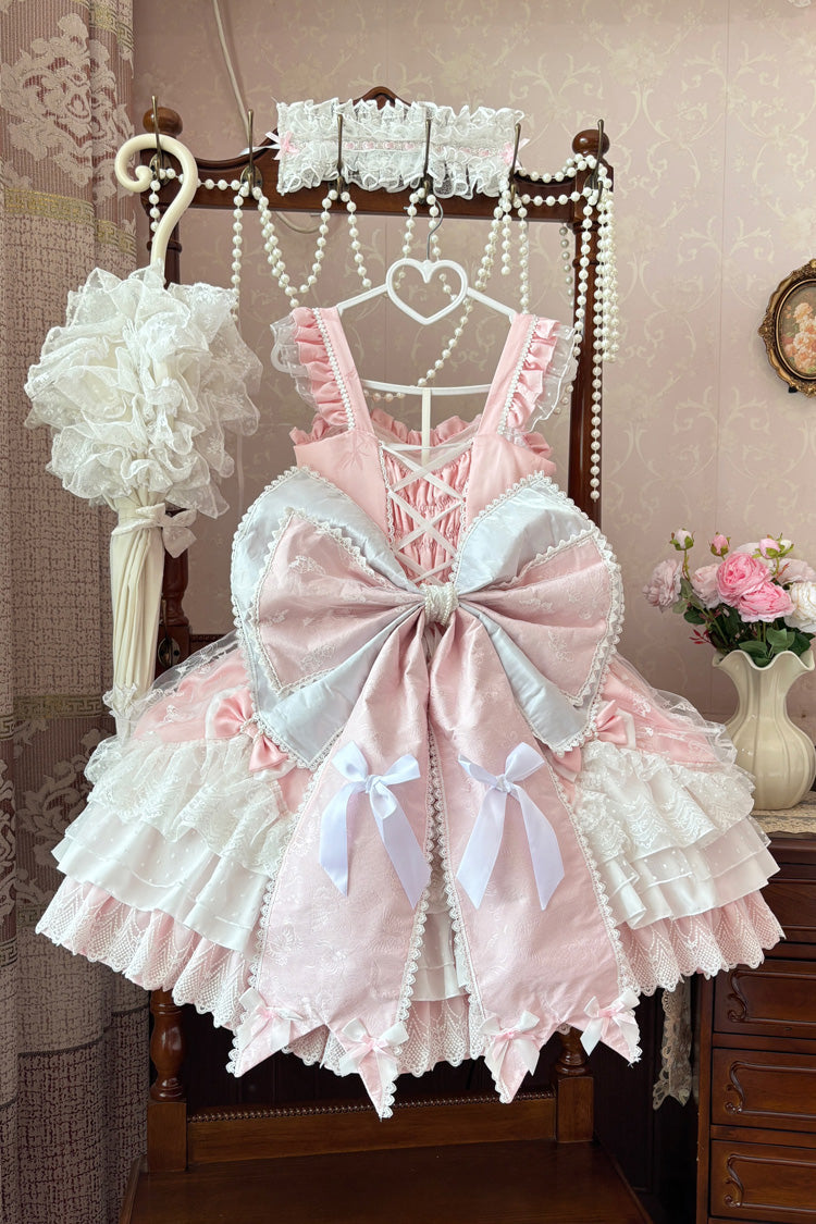 Blush Pink Sleeveless Triple-Layer Ruffle Bow Pearl Lace-Up Sweet Plus JSK Dress