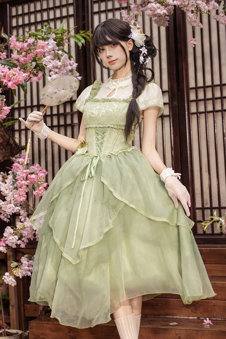 Fragrance Stand Collar Short Sleeves Multi-Layered Printed Ruffled Bow Lace Irregular Chinese Style Sweet Lolita Dress 2 Colors - Green/Pink