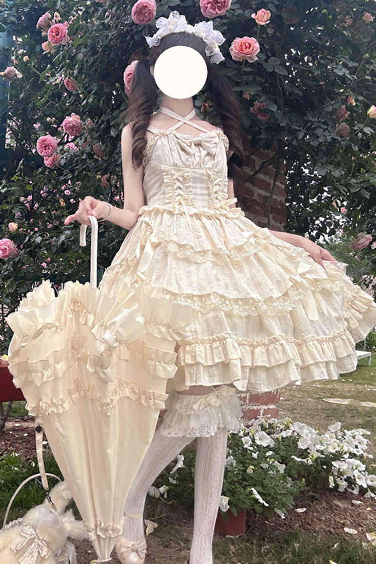 Apricot Sweet Lolita JSK Dress with Double-Layer Bowknot Lace-Up and Sleeveless Design